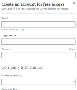 Account create option of moz tool
