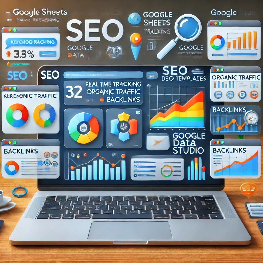 A professional and modern design illustrating Google Sheets and Google Data Studio SEO templates. The image showcases key elements like data visualiza