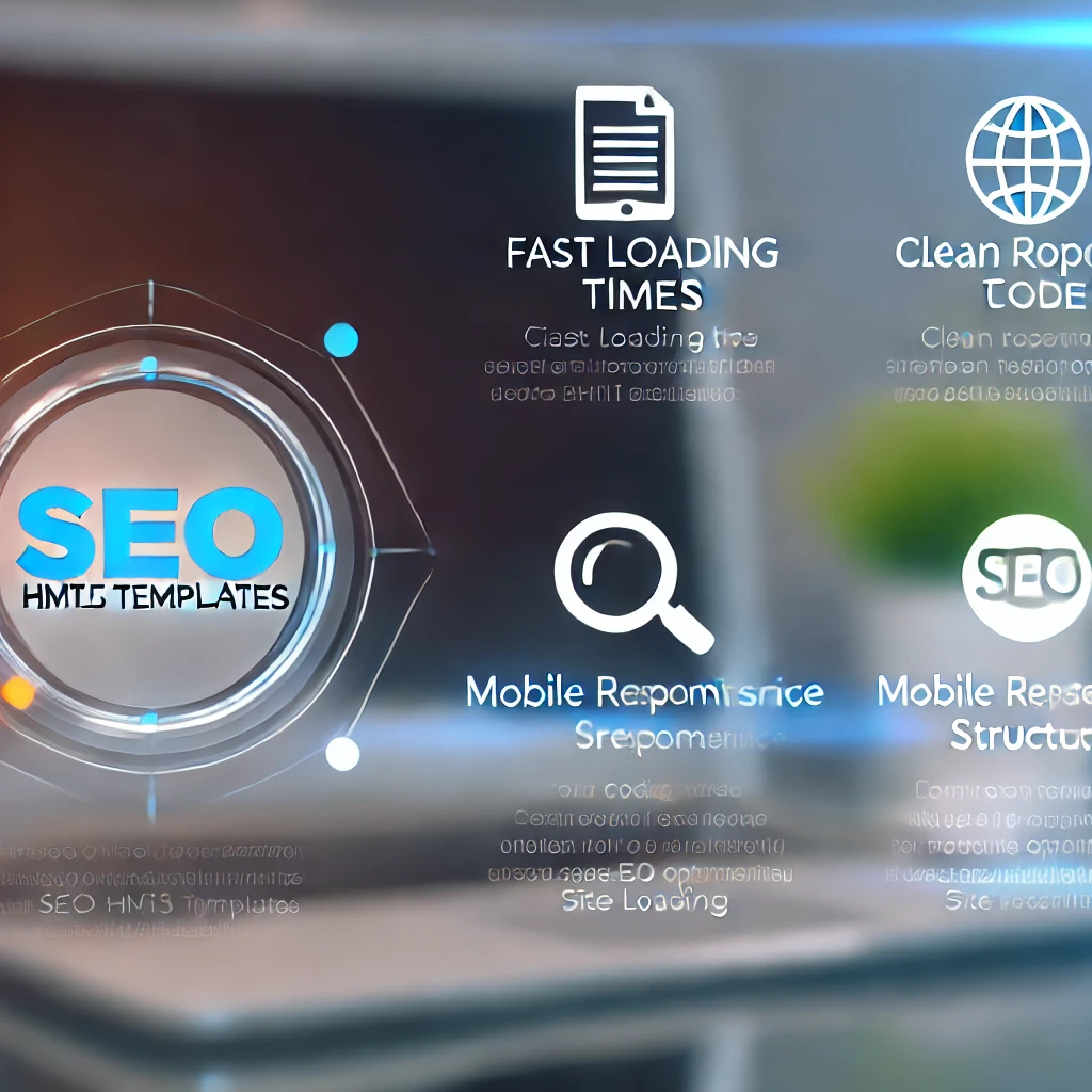 A professional and modern design showcasing SEO HTML templates. The image should highlight key elements like fast loading times, clean HTML5 code, mob