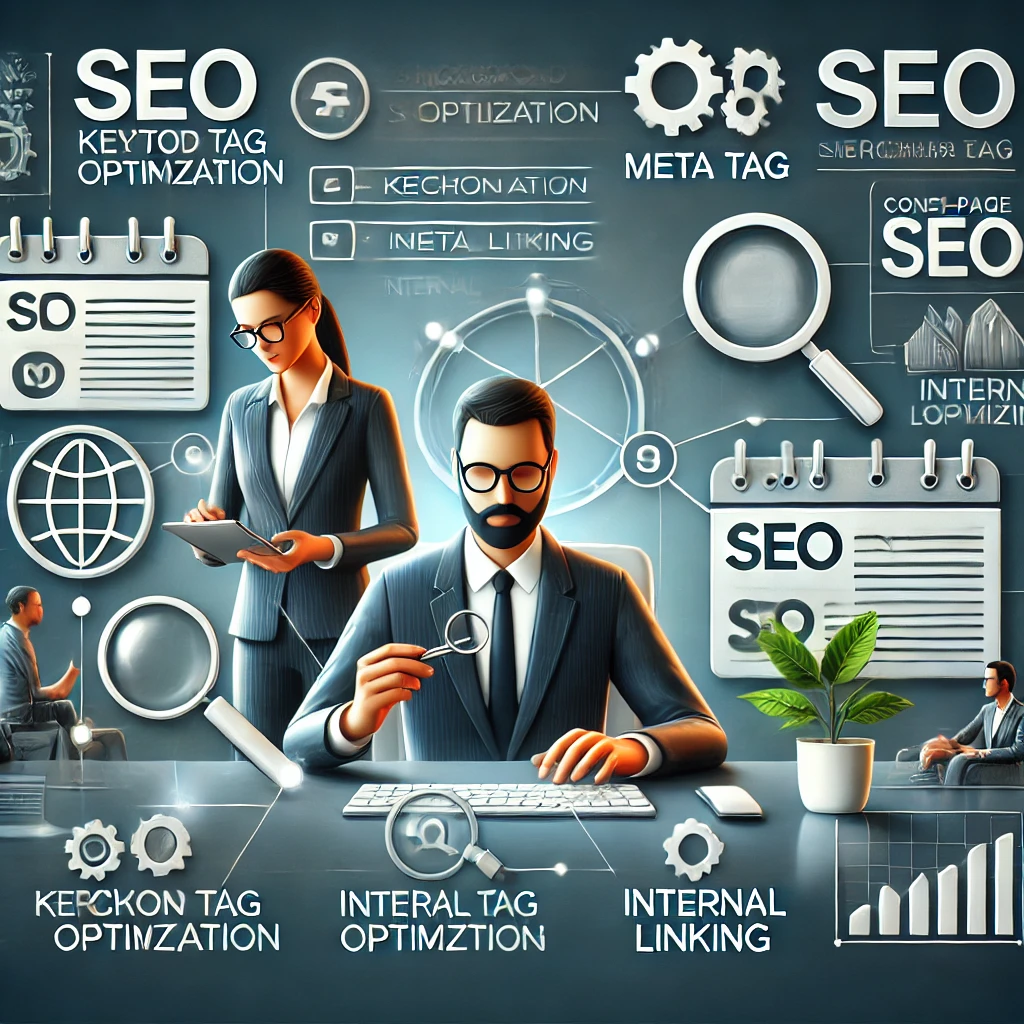 A professional and modern design showcasing comprehensive on-page SEO templates. The image should highlight key elements such as keyword optimization,