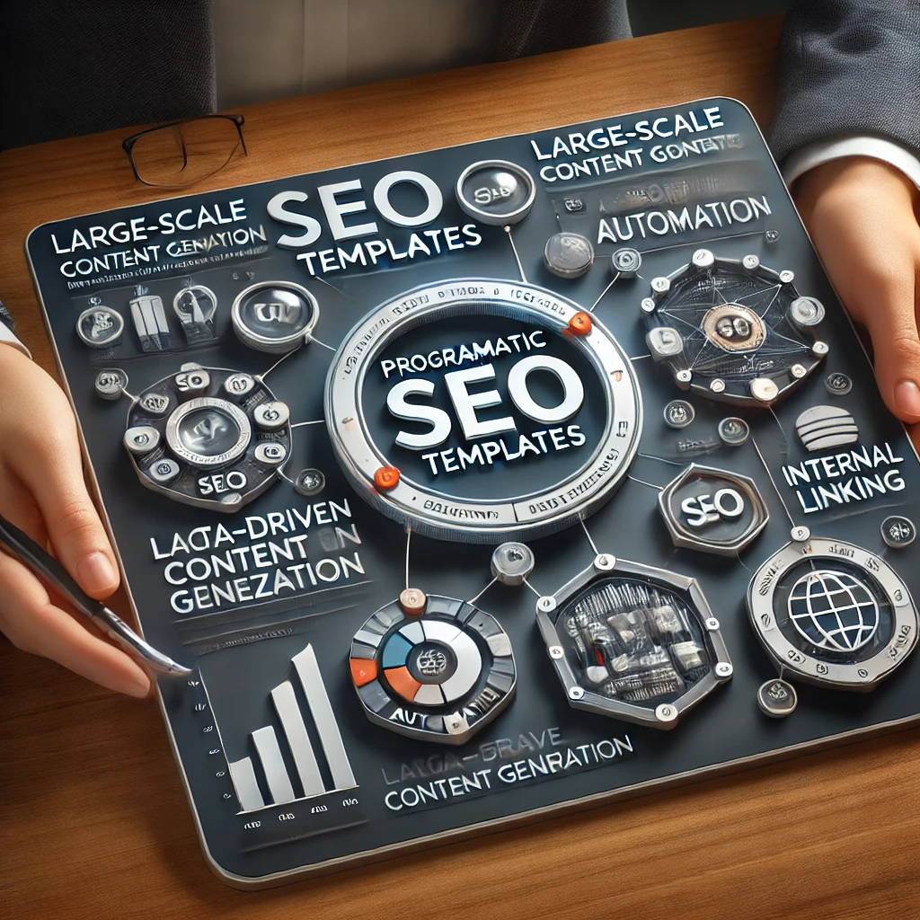 A professional and modern design showcasing programmatic SEO templates. The image should highlight key elements such as large-scale content generation