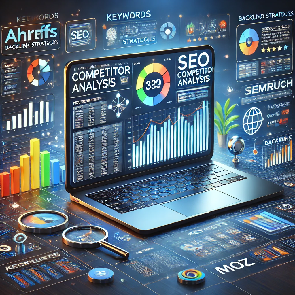 A sleek, modern webpage scene showcasing a comprehensive SEO competitor analysis. The central part of the image displays a laptop with charts, graphs,