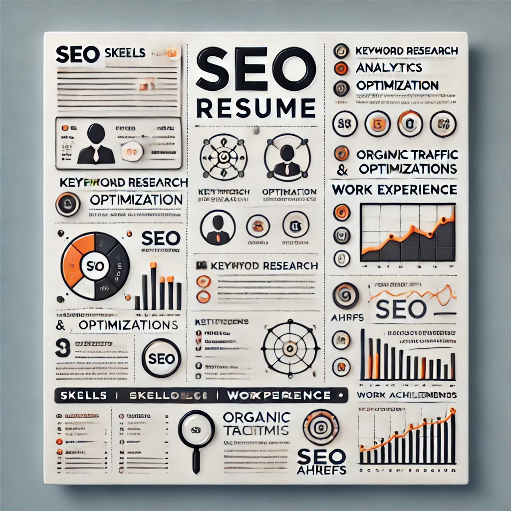 A clean and modern SEO resume template featuring sections for SEO skills, certifications, and work experience. The template highlights keyword research