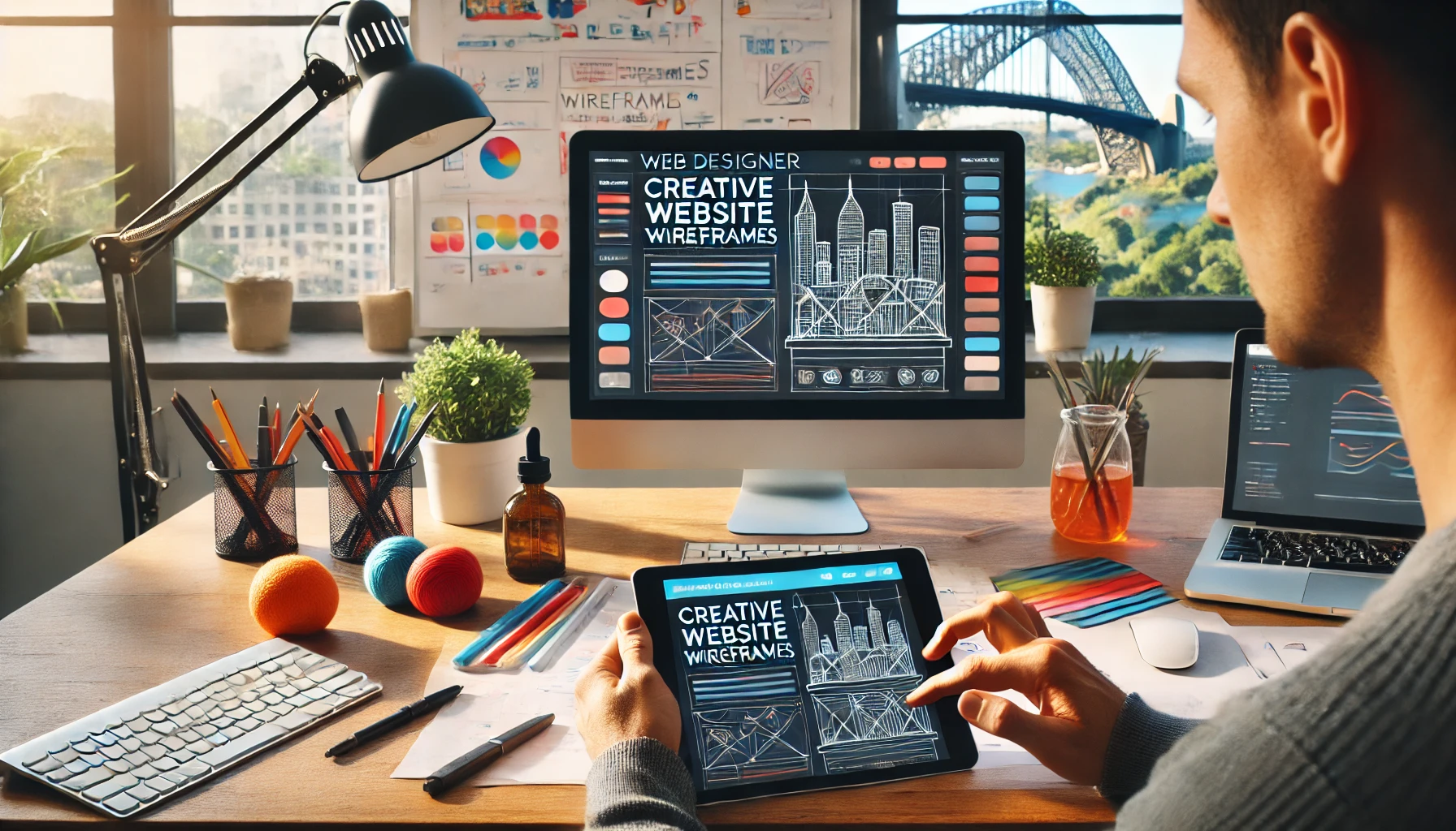 Creative web design agency team collaborating on a project in an open Australian office, with laptops, sketches, and vibrant Australian city skyline in the background.