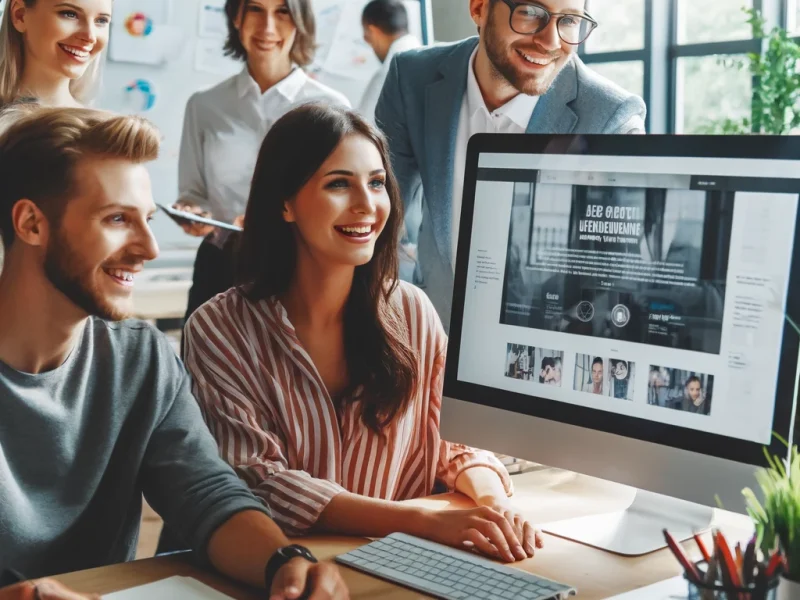 A group of smiling web design experts in Traralgon collaborating on a creative project, using tablets and laptops in a well-decorated, naturally lit office.