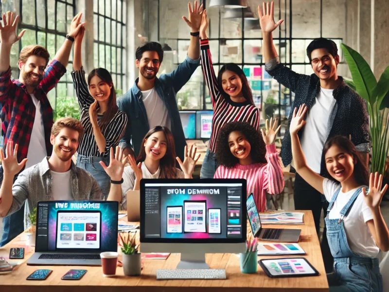 A high-energy web design team in Traralgon collaborating on laptops in a stylish office, celebrating a successful website launch with enthusiasm and professionalism.